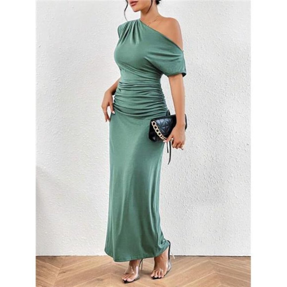 Asymmetrical Neck Ruched Side Dress